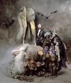 Retrado de Jim Hemson con algunas de sus marionetas en 'Cristal Oscuro'
