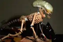 Armazón de marioneta animatrónica con mecanismos y cableado a la vista