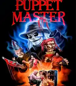 Póster de la película Puppet Master, que muestra a las diabólicas marionetas, y al maestro marionetista trabajando